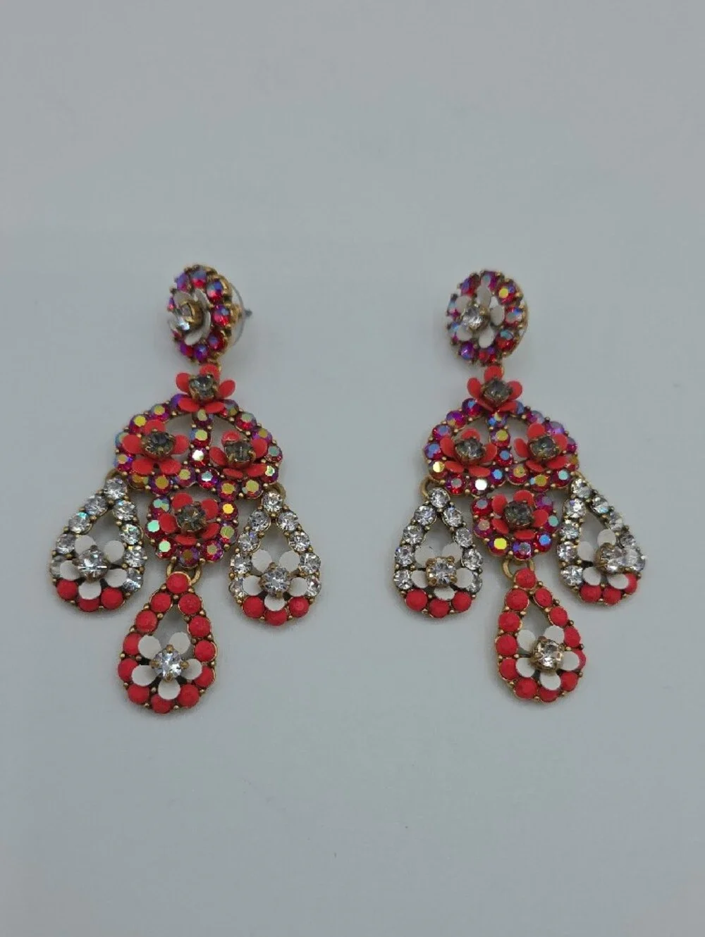 J. Crew Pink and Red And Iridescent Red Crystal Drop Chandelier Earrings Vintage